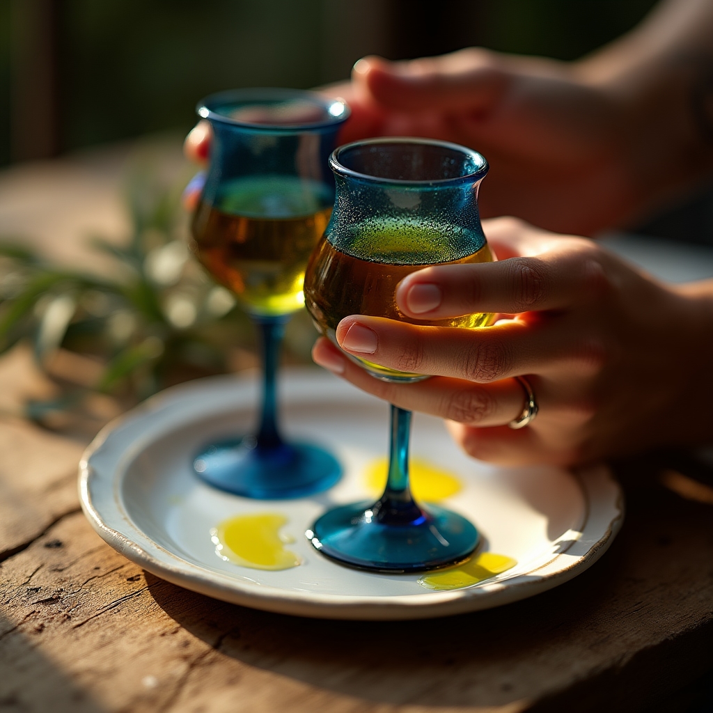 Degustazione professionale di olio extravergine con bicchieri da assaggio cobalto su tavolo di legno