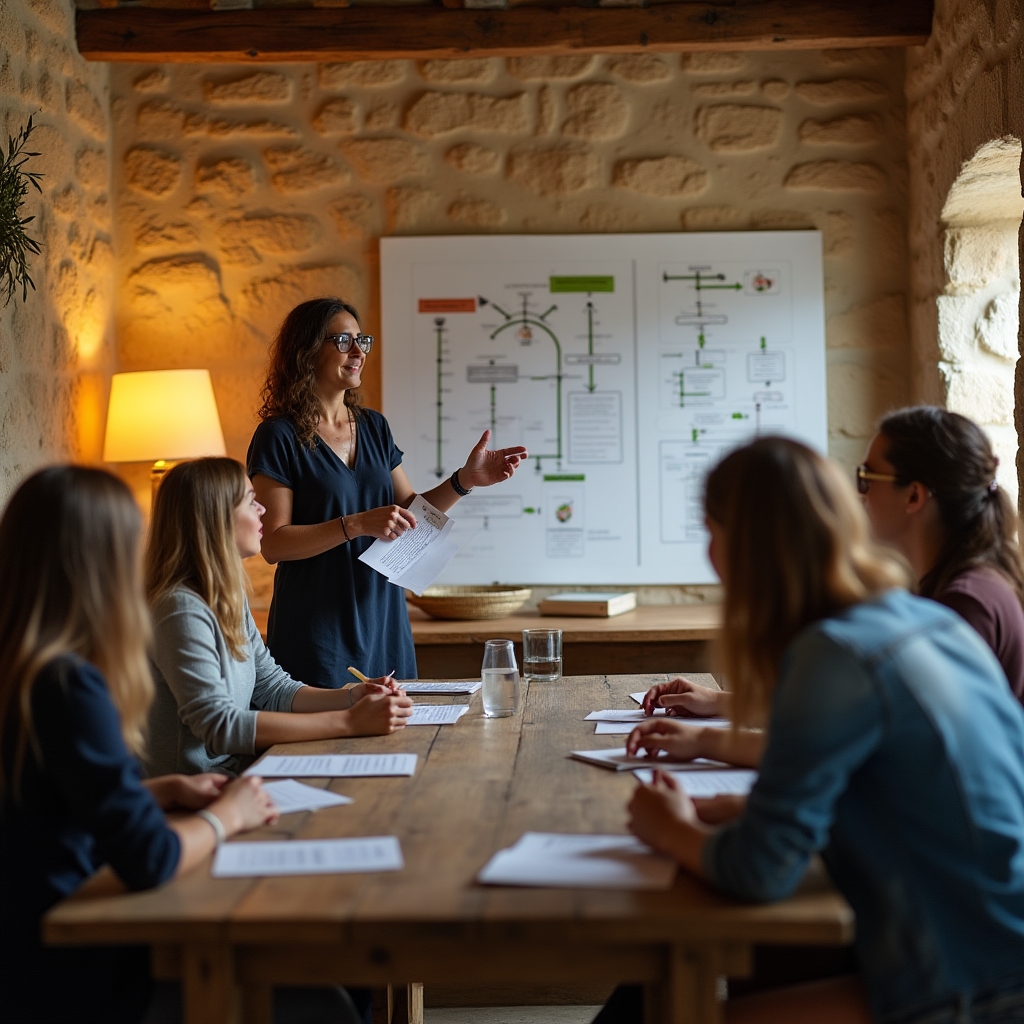 Sessione di formazione del personale di accoglienza di un frantoio con consulente che illustra tecniche di comunicazione