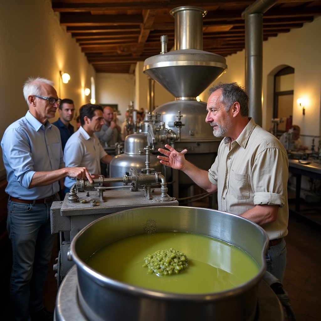 Interno di un frantoio cooperativo con macchinari per la frangitura delle olive visti durante una visita guidata
