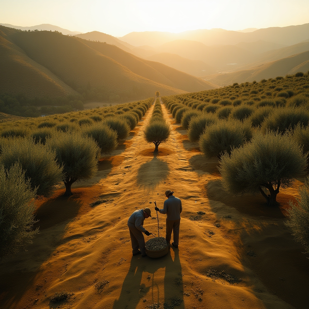 Raccolta delle olive in un uliveto cooperativo con paesaggio collinare sullo sfondo